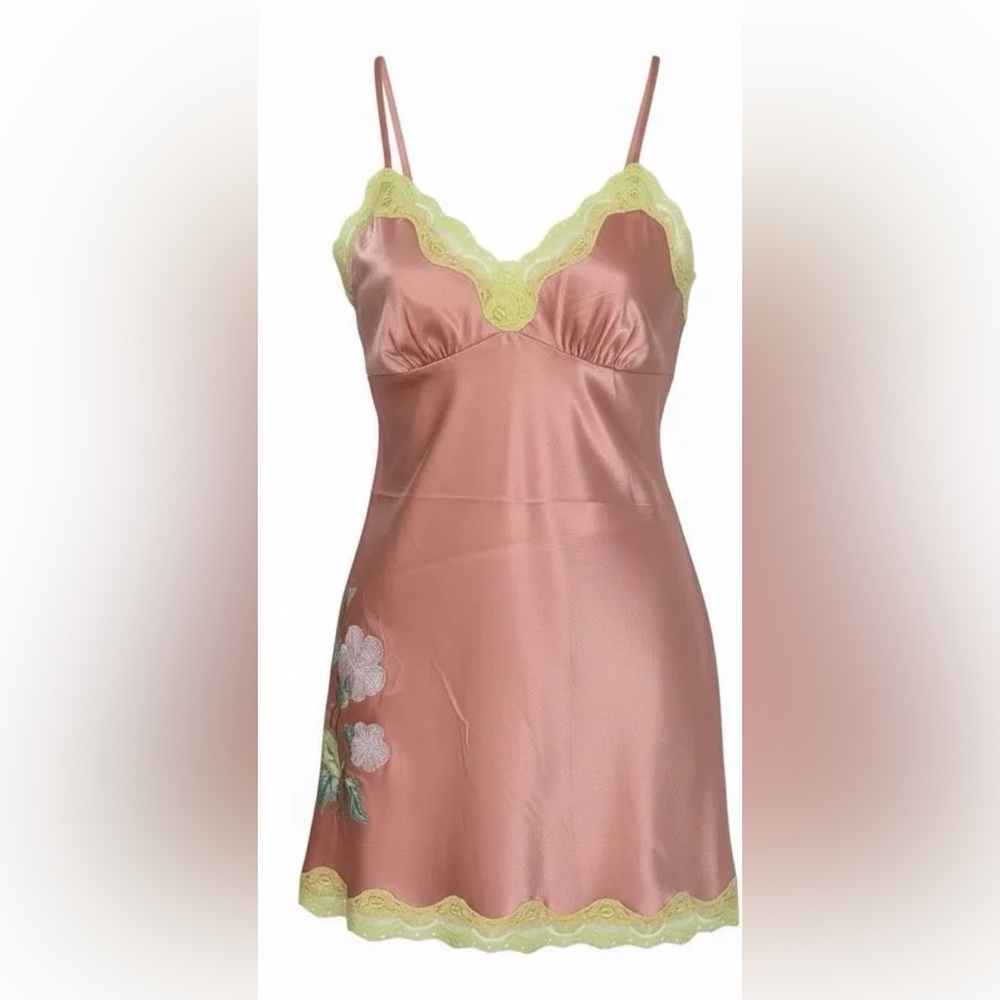 Gold Hawk Silk Embroidered Chemise (Coral) Satin Chemise with Lemon Lace Trim